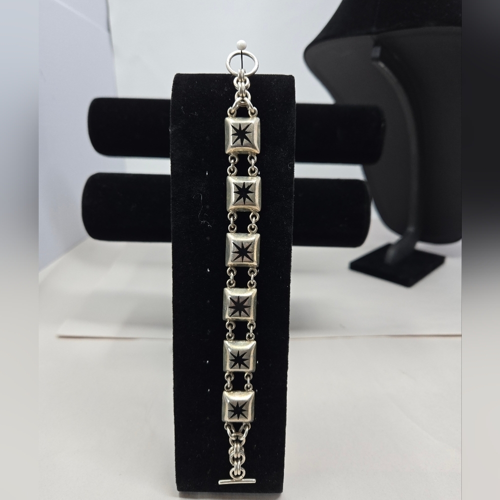Taxco Mexico 925 Vintage Sterling Silver Strength Black Onyx Star Link Bracelet